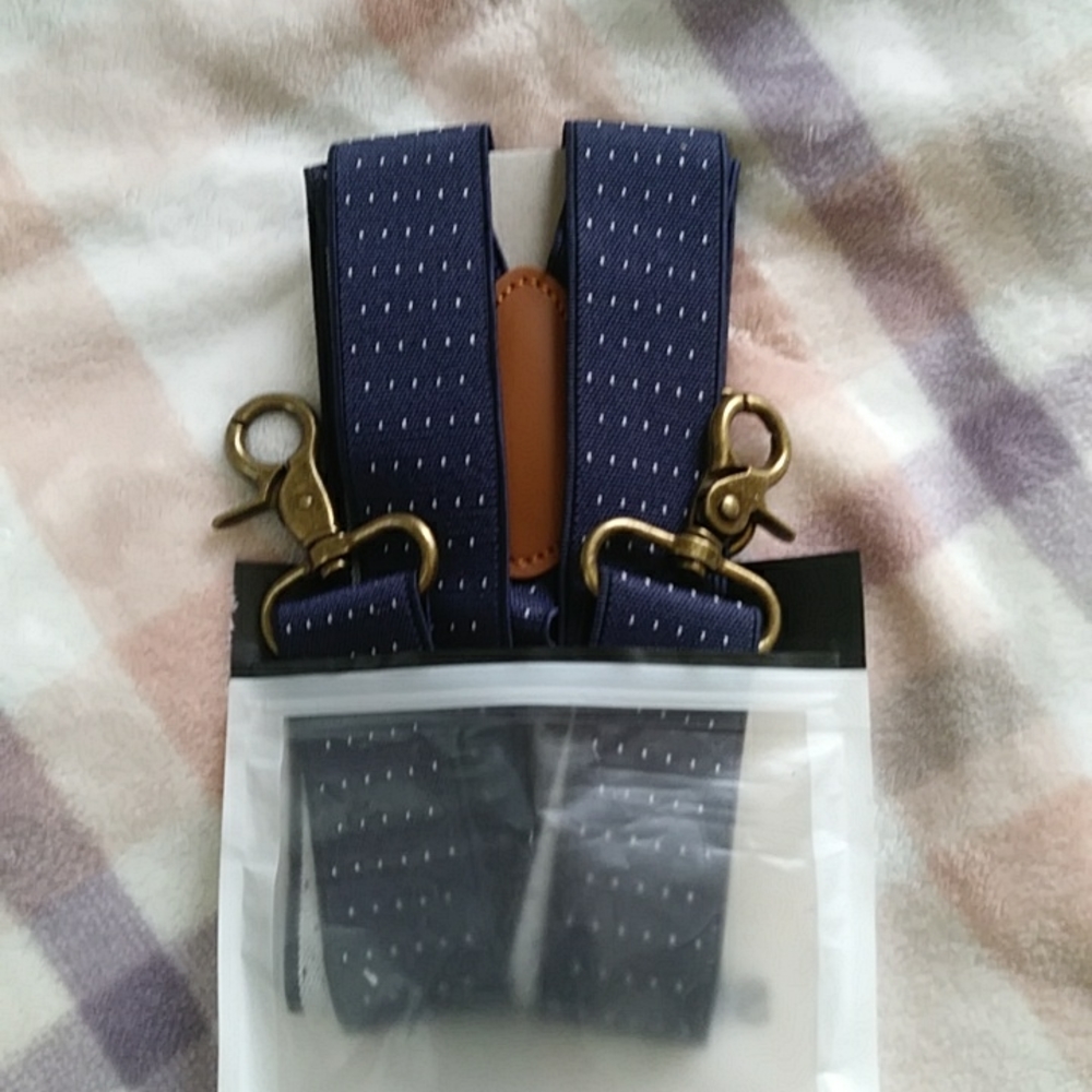 Men's suspenders navy blue white dots